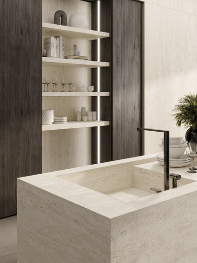 Marvel Travertino White Hammered Finish Porcelain Slab