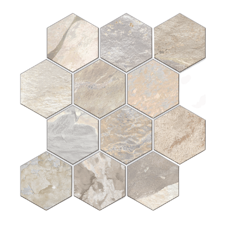 Meta Slate 4" Hexagon Textured Tan Mosaic